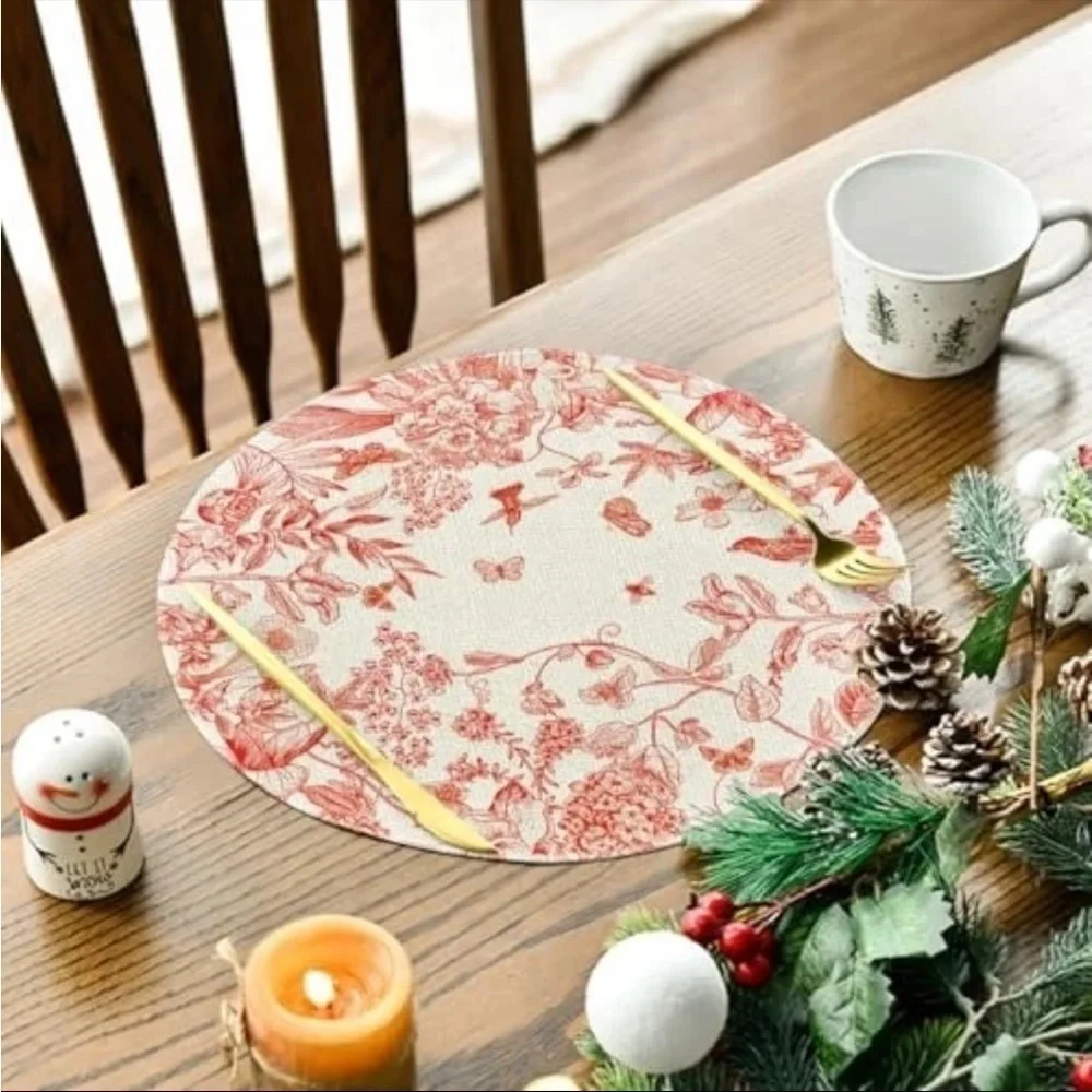NWT Round Red Hydrangea Flowers Branches Chinoiserie Spring Placemats Set 4,14in